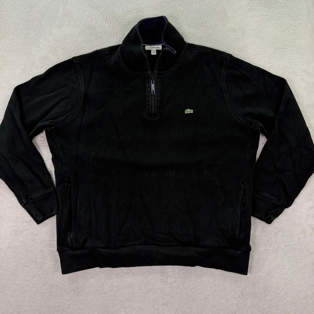 Lacoste Mens 2XL Quarter Zip Pullover Black Ribbed Cotton FA10614 Mock Neck Logo